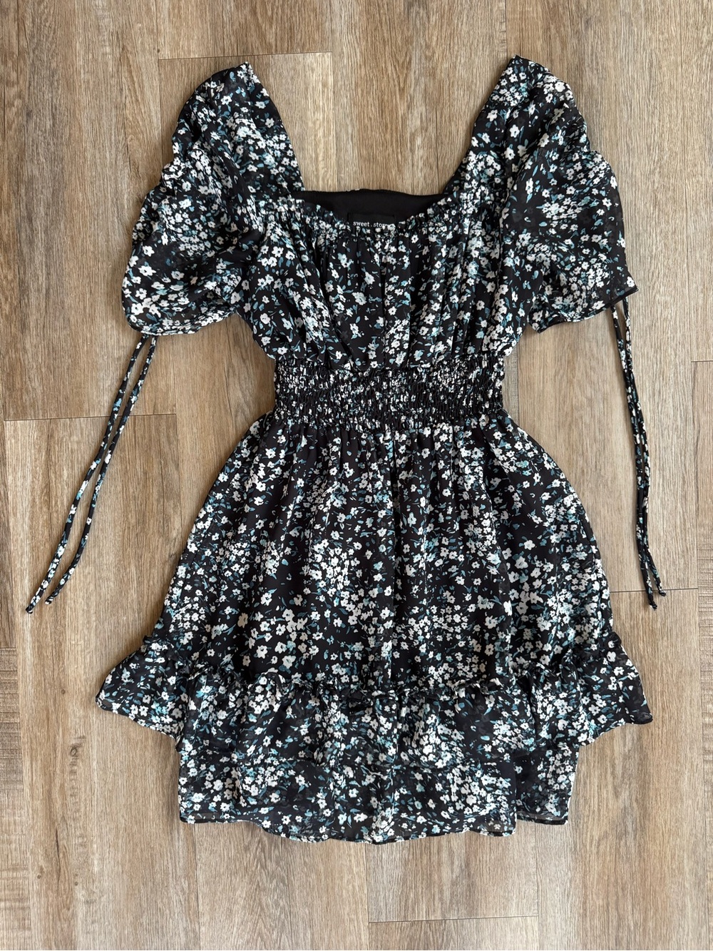 Sweet Storm Black Floral Mini Dress with White & Light Blue Blossoms